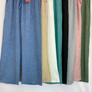 Womens Cotton Linen Wide Leg Bottoms Trousers Ladies Casual Elastic Waist Pants