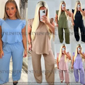Women’s Textured Cheesecloth Frill Sleeve Top Trouser 2PCS Co Ord Loungewear Set