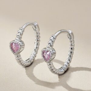 925 Sterling Silver Crystal Pink Heart Hoop Earrings Women Jewellery Gift UK