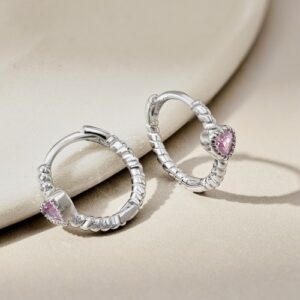 925 Sterling Silver Crystal Pink Heart Hoop Earrings Women Jewellery Gift UK