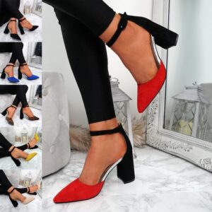 WOMENS LADIES ANKLE STRAP HIGH BLOCK HEEL PUMPS CASUAL PARTY SHOES SIZE UK