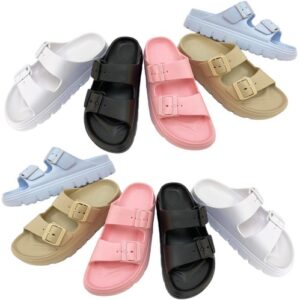 WOMENS LADIES FLATFORM LIGHTWEIGHT DOUBLE BUCKLE SLIDERS FLIP FLOPS SANDALS SIZE