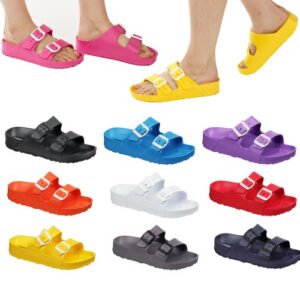 WOMENS LADIES FLATFORM LIGHTWEIGHT DOUBLE BUCKLE SLIDERS FLIP FLOPS SANDALS SIZE