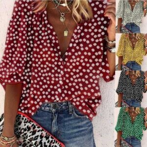 Womens Button T Shirt Smart Casual Sexy Blouse Ladies Deep V-Neck Loose Tops