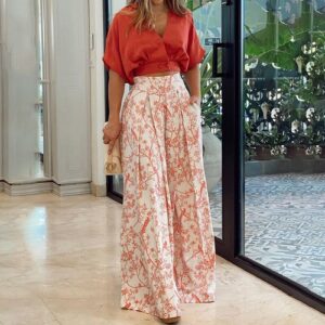 Summer V Neck Co-ord Outfit Crop Tops Casual Work Wide Leg Long Pants Set Women
