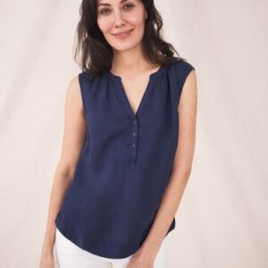 White Stuff Sophia Women’s Linen Vest Sleeveless Notch Neck Summer Ladies Top