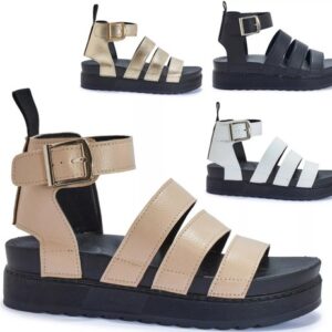 LADIES GLADIATOR SANDALS WOMENS PLATFORM CHUNKY SOLE FLATFORM STRAPPY SHOES SIZE