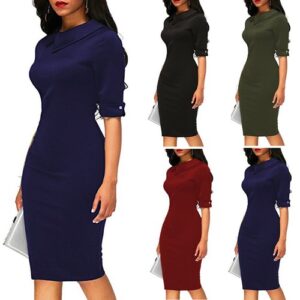 Womens Long Sleeve Midi Dress Ladies Office Work Party Cocktail Bodycon Dresses