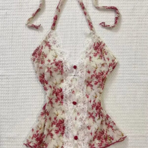 Brown Vintage Floral Print Y2K Cami Top Women Aesthetic Cute 2000 Camisole Slim