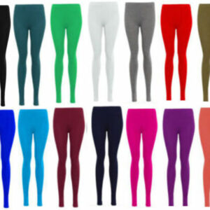 Womens PLAIN COTTON FULL LENGTH LEGGINGS BLACK +COLOURS