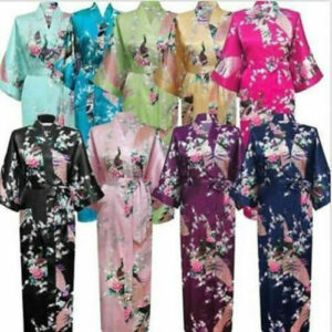 New Bride Long Women Kimono Robe Satin&Silk Night Dressing Gown 47inch/35.4inch