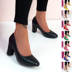 WOMENS SLIP ON COURT PUMPS HIGH BLOCK HEELS LADIES SLIP ON WOMEN SHOES SIZE
