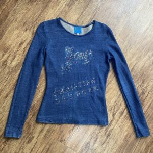 Y2k 2000s Christian Lacroix Ribbed Blue Diamonté Logo long sleeve Top