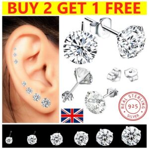 Women Men Genuine 925 Sterling Silver Cubic Zirconia Stud Earrings Ladies Set CZ