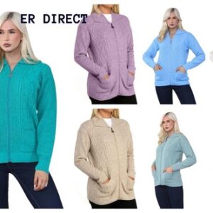 Women’s Zip Cardigan Zipped Collared Cable Knit Long Sleeve Zipper Pocket Jumper