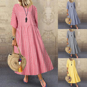 Summer Women Casual Loose Dress Beach Short Sleeve Plaid Check Midi Dress Maxi