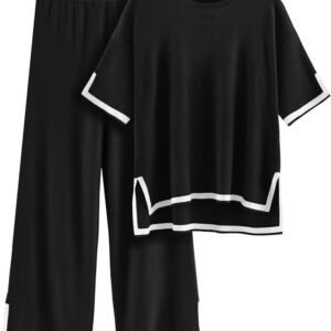 Women Knit Long Sleeve Co-ord Sweater+wide Leg Pants 2 Piece Sets M size