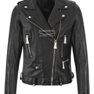 Women’s Brando Lambskin Leather Jacket Black Motorbike Fitted Biker Style Jacket