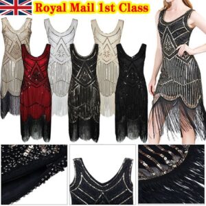 Retro 1920s Flapper Gatsby Charleston Party Sequin Fringe Evening Cocktail Dress