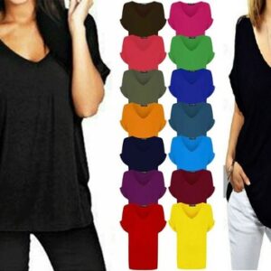 Women Ladies Baggy Loose Fit Oversized Turn Up Batwing Sleeve V Neck Top T shirt