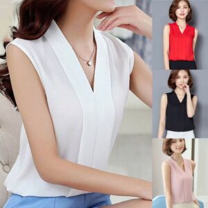 Women Summer Brief Office Work Wear V Neck Shirts Sleeveless Chiffon Casual