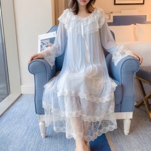 Nightgown Lace Women Lolita Trimming Vintage Long Sleeve Nightdress Sleepwear