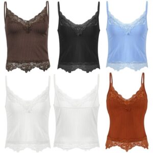 Women’s Y2K Lace Crop Top Sexy V-Neck Spaghetti Straps Tank Camisole Shirt Vest