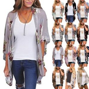 Boho Womens Holiday Floral Kimono Sleeve Cardigan Chiffon Blouse Bikini Cover UK