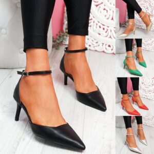 WOMENS LADIES ANKLE STRAP MID STILETTO HEELS POINTED TOE WOMEN SHOES SIZE