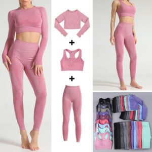 Women Seamless Yoga Set Crop Top + Bra + Leggings Pants Gym Workout Tracksuit