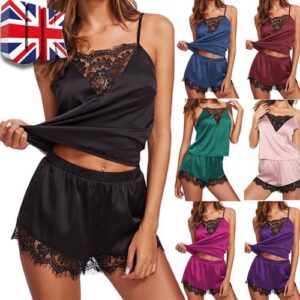 Women Sexy Satin Lace Cami Vest Shorts Lingerie Pyjamas Pj Set Party Sleepwears