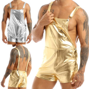 UK Men Shiny Metallic Dungarees with Straps Overall Suspender Shorts Fancy Dress