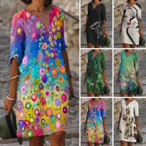 Womens Boho Floral 3/4 Sleeve Mid Dress Ladies Casual Baggy V Neck Kaftan Dress