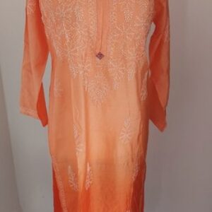 Lucknowi Yellow Cotton Kurti Women Chikan Dress Embroidery A-Line Straight Kurta
