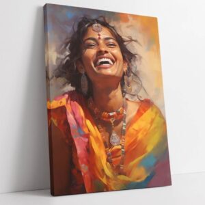 PAINTERLY PORTRAIT OF SMILING INDIAN WOMAN -DEEP FRAMED CANVAS WALL ART PRINT