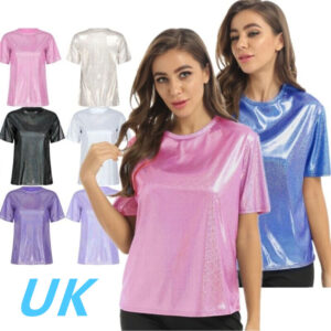 UK Women’s Shiny Metallic Short Sleeve Crewneck T-Shirt Fashion Casual Tops