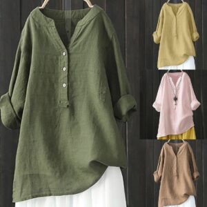 Women’s T Shirt Solid Color Stand Up Button Long Sleeved Blouse Casual Summer