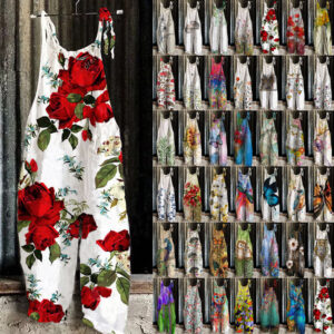 Women Boho Floral Dungaree Jumpsuit Cotton Linen Baggy Romper Pants Overalls 16