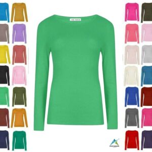LADIES PLAIN TSHIRT WOMANS LONG SLEEVE SCOOP NECK T SHIRT TOP PLUS SIZE UK 8-22