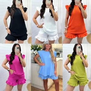 Women’s Ladies Pop Corn Fabric Frill Sleeve Top Shorts 2PCS Co Ord Set Loungwear