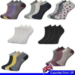 Ladies Trainer  Ankle Socks Pattern -Plain Cotton  Rich Pack 6 12    Size 4 – 7