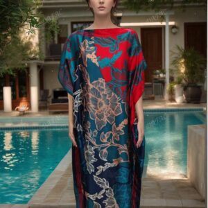 ladies kaftan Floral Pattern Longline Dress, Elegant Short Sleeve Crew Neck Dres