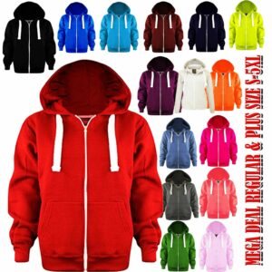 Ladies Plain Zip Up Hoodie Sweatshirt Top UK S – XL