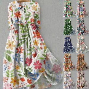 Summer Womens Button Holiday Floral Casual Long Dresses Party Dress Plus Size UK