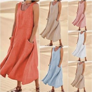 Women Sleeveless Solid Dress Pockets Ladie Summer Casual Crew Neck Maxi Sundress