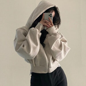Women Fleece Lined Crop Hoodie Zip Up Hooded Jacket Loose Casual Sweatshirt UK