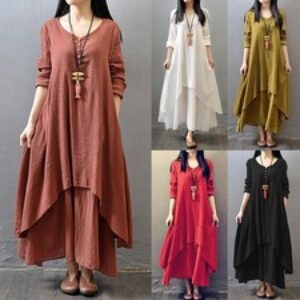 Womens Casual Kaftan Tunic Gypsy Maxi Dress Boho Cotton Linen Long Sleeve Dress
