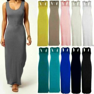 WOMENS LADIES LONG MAXI DRESS PLAIN RACER MUSCLE BACK VEST STRETCH JERSEY 8-26