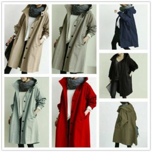 Women Oversized Hooded Windbreaker Rain Jacket Loose Coat Trench Coat