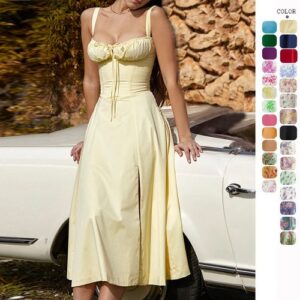 Womens Thin Straps Sleeveless Midi Dresses Vintage French Dress